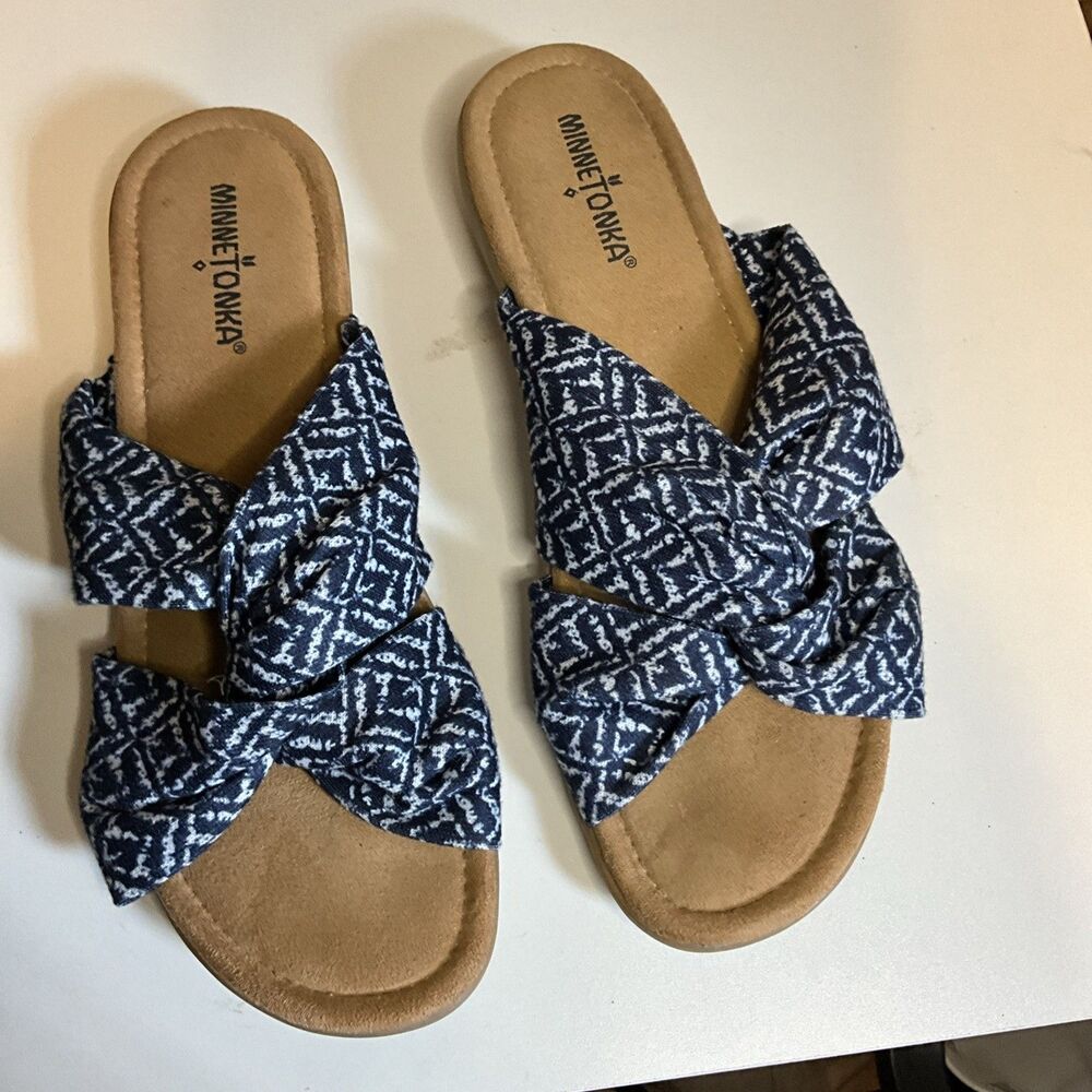 Minnetonka Sarong Slide Sandal Blue Women 8.5 Slip On Beach Summer